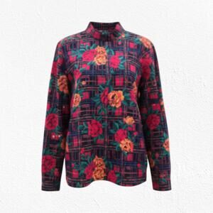 Vintage 80s Cathy Daniels Floral Plaid Blouse Size 14 Polyester USA Long Sleeve